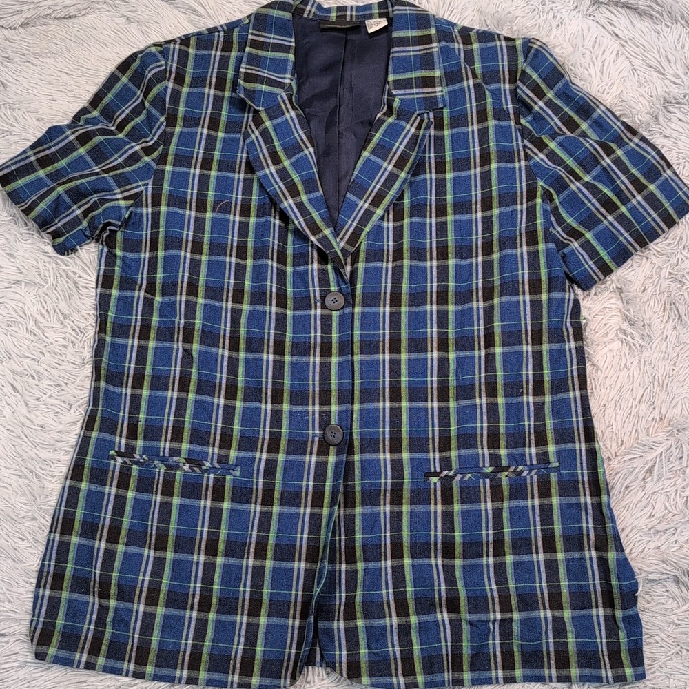 Casablanca Shirt Womens 16 Blue Linen Blend Plaid Top Lightweight Pockets